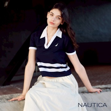 Nautica  女裝 經典條紋短版短袖POLO衫-藍色