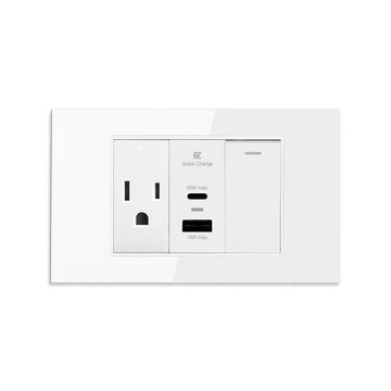 【易智快充】30W USB快充插座面板(AC+USB+LED開關)玻璃透白