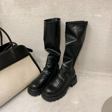 秋冬厚底粗跟褶皺中高筒彈力堆堆靴女長靴