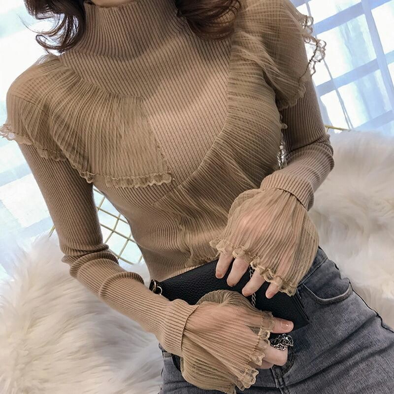 セーター ニット タートルネック エレガント 秋 おしゃれ かわいい セクシー 大人 レディース シアーフリル ニットセーター 長袖セーター