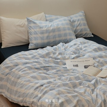 wanan/☾…Lumièreの現貨 致藍色的你床包組｜條紋格拼接 四件套三件套 水洗棉床包 藍條紋格 床包 床單