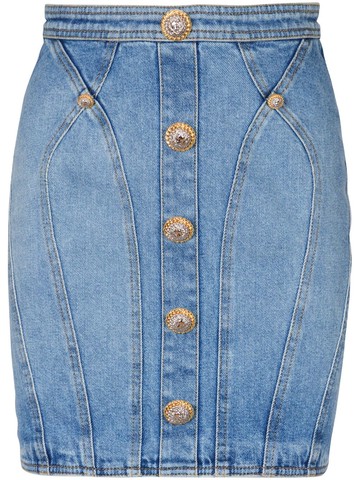 Balmain - button-embellishment denim mini skirt - women - Cotton/Elastane - 40 - Blue