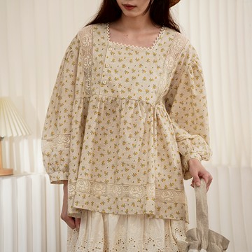 泡泡袖碎花方領上衣265967