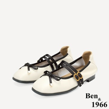 Ben&1966柔軟羊皮優雅蝴蝶結方頭包鞋-米白(256322)