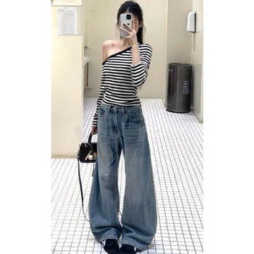 【Veee】牛仔女長褲 美式復古 水洗藍無彈低腰 顯瘦百搭長褲 寬鬆闊腿牛仔褲女 韓版牛仔褲 顯瘦牛仔褲 女生牛仔褲