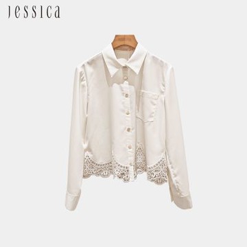 JESSICA - 高級感精緻蕾絲下擺長袖襯衫253306
