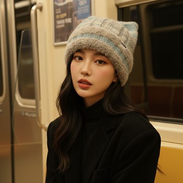 【梨花HaNA】溫暖呢喃 Studio 撞色條紋貓耳針織帽 (泰迪絨可愛款)