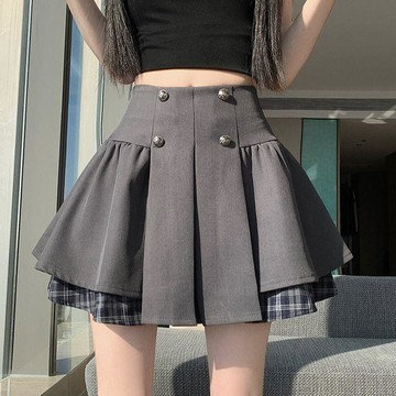 臺灣出貨 免運假兩件百褶半身裙女春夏拼接格子蓬蓬裙子a字學院風西裝高腰短裙0911