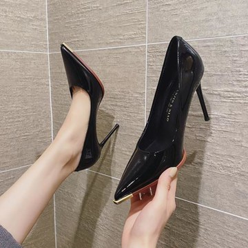 2025年秋冬季新款裸色高跟鞋女細跟性感尖頭鞋漆皮防水臺單鞋子黑