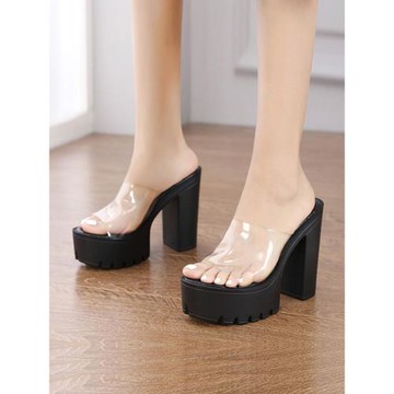 2026春季透明一字帶露趾防水臺厚底拖鞋13CM超高跟粗跟夜店走秀鞋