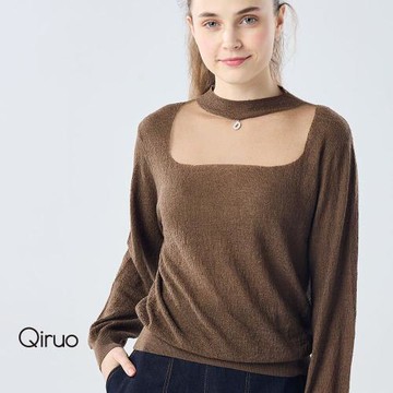 【Qiruo 奇若】秋冬專櫃網紗圓領長袖上衣6899A-80咖啡色百搭