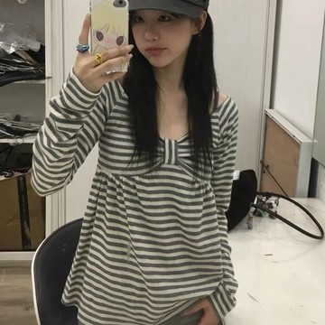 Muun Studio日系復古輕亞風甜美蝴蝶結條紋一字露肩長袖打底衫T恤女