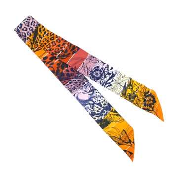HERMES 愛馬仕 橘色 絲綢 Jungle Love Rainbow Plumetis Twilly 絲巾 H063369S 【二手名牌BRAND OFF】