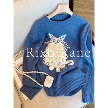 法國Rixo Rane ⭐法式設計感藍色貓咪針織衫女秋冬季氣質圓領毛衣