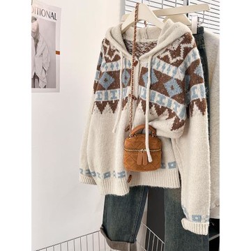 杏色連帽針織開衫外套女秋冬新款復古外穿加厚寬松慵懶風洋氣毛衣