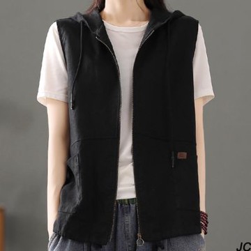 【JC Collection】文藝復古率性寬鬆休閒連帽拉鏈背心外套(黑色、麻色、咖啡色)