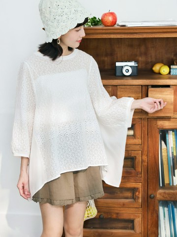日系純棉立體繡花鏤空蕾絲蝙蝠袖上衣