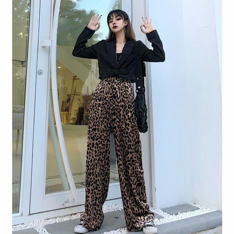 【BOHEMSEO】LOGO BAND WIDE PANTS グロッシーパンツ★韓国人気 セール】レオパード/豹ヒョウ柄ワイドストレートロングイージー