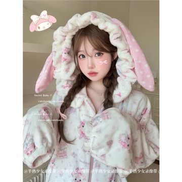 Cutelamb「小美園游會2.0」秋冬女法蘭絨保暖可外穿連帽兔耳睡衣