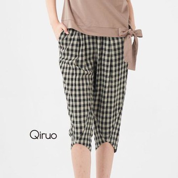 【Qiruo 奇若】春夏專櫃黑卡格紋七分休閒褲3031C輕柔透氣涼感休閒