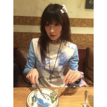 美式甜辣妹正肩長袖女秋季星星點綴印花打底t恤修身亞比風y2k上衣