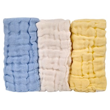 六層紗小方巾 3件組 (男寶) 棉紗材質  藍色 + 白色 + 黃色  26 x 26cm