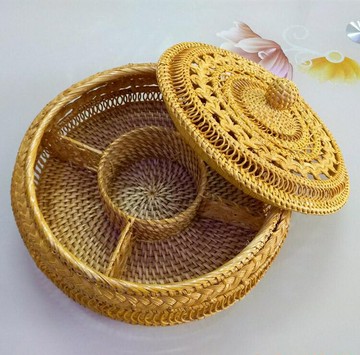 越南秋藤編分格收納果盤過年鏤空糖果盒帶蓋零食套件創意手工簡約