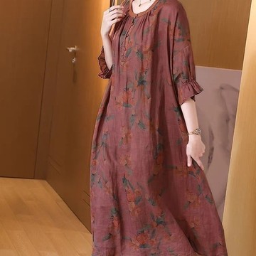 【3231人收藏】2024夏季新款復古印花苧麻連衣裙女氣質優雅七分袖寬松腰顯瘦長裙