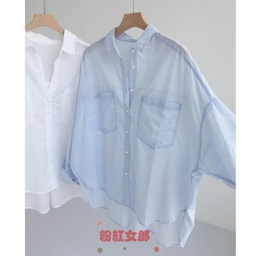 夏薄款防曬衣落肩棉麻白色寬松長袖襯衫女藍色襯衣設計感上衣 長袖襯衫 大尺碼女裝 長袖上衣 夏季女裝 氣質上衣 韓版襯衫