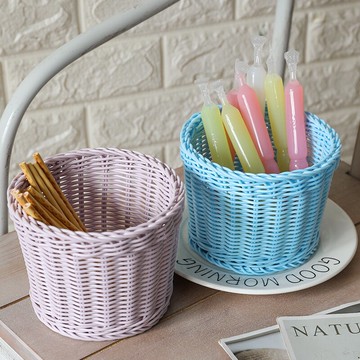 馬卡龍色圓形筆筒 學生宿舍桌面收納遙控器籃裝飾花籃仿藤編