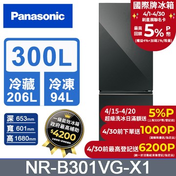 Panasonic國際牌 300公升雙門冰箱NR-B301VG-X1(鑽石黑)