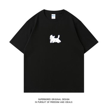 夏季ins簡約小狗印花純棉短袖t恤潮流百搭寬松休閑體恤半袖上衣