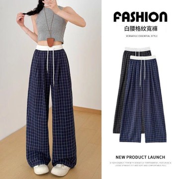 S-XL慵懶風山本格紋直筒褲 白腰拼接格紋顯瘦寬鬆直筒褲長褲(2色)-凱西娃娃