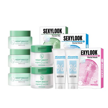 618限定♥【SEXYLOOK 西西露】仙人掌發光8件組(夜光霜50mX3+棉片50片X2+玻尿酸鎖水洗面乳120gX2+玻尿酸面膜3盒(綠番茄+保濕鎖水+熊果素)(預購商品6/27陸續出貨)