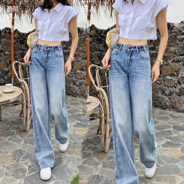 闊腿牛仔褲女修身2025夏新款加長薄款高腰垂感顯瘦直筒拖地長褲