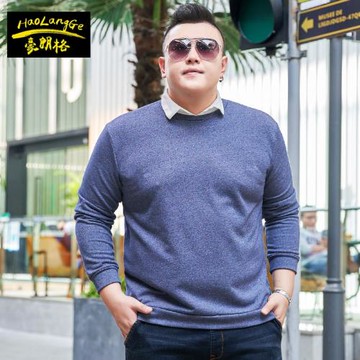 潮牌男裝春季加肥加大碼襯衫領衛衣長袖打底衫肥佬胖子假兩件上衣