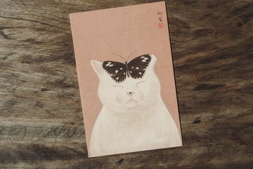 蝴蝶停了 貓也想睡了。韓國藝術家혜진貓咪明信片
