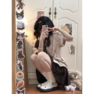 三件套休閒條紋襯衫女日係學院風襯衫夏季短袖新款jk百褶裙慵懶風夏天套裝 夏天套裝 日系女裝 韓版套裝 韓國女裝 個性套裝