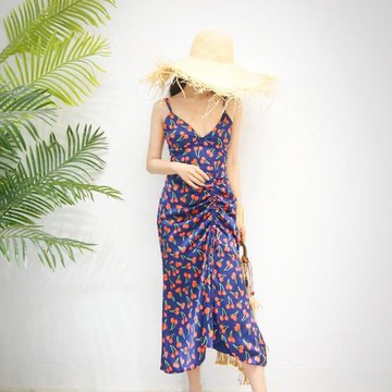 2025夏季新款法式連衣裙收腰茶歇裙顯瘦緞面長裙海邊度假沙灘裙女