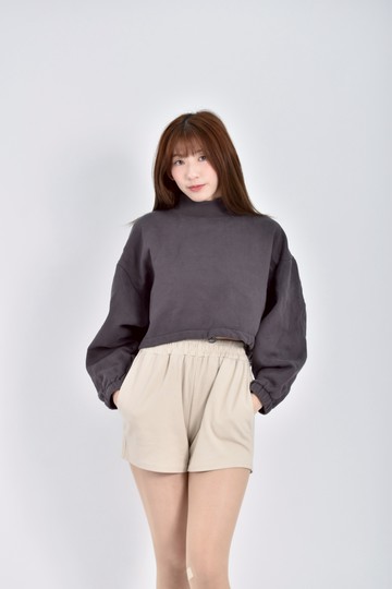 (F) pixel cake質感修身短版棉質中領內刷毛灰色長袖上衣