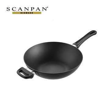 【SCANPAN】 經典超鈦磨⁺ 28cm中式不沾炒鍋（無蓋／烤箱可用） 贈: 直立式玻璃蓋28cm+高級櫸木木鏟