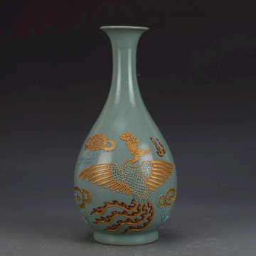 宋汝窯歷粉戕金鳳紋玉壺春瓶古董古玩收藏真品中國風花瓶老物件