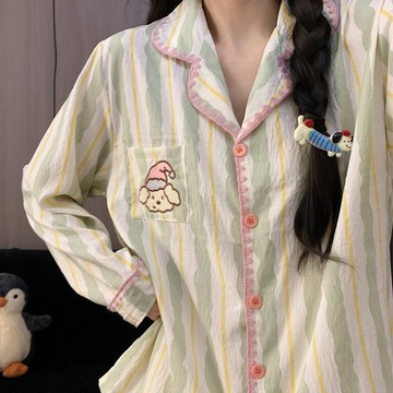 可可裡🌺大碼睡衣女卡通刺繡小狗春秋季長袖拼色綠條紋家居服套裝