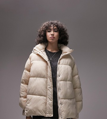 Topshop Tall swing hem hooded puffer jacket in stone-Neutral