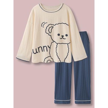 日系可愛小熊薄款坑條純棉睡衣春秋款女2023年新款長袖家居服