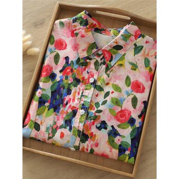 春秋季新款韓范復古玫瑰印花純棉襯衫女長袖別致寬松大版休閑襯衣