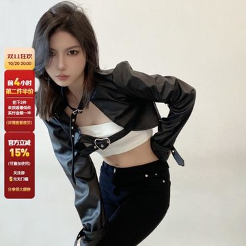 WEEKEEP 炫酷黑色機車服上衣金屬扣綁帶皮衣女PU皮帥氣百搭短外套