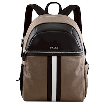 BALLY TOLAND 金屬LOGO經典條紋雙層拉鍊商旅休閒雙肩後背包(棕褐)