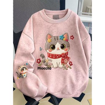 女童扎染圓領衛衣春秋2025新款洋氣卡通貓咪中大童加絨冬裝上衣服