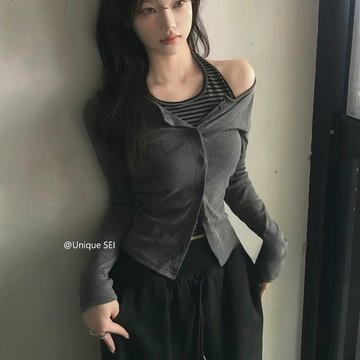 Muun Studio日系輕亞感復古疊穿吊帶條紋假兩件顯瘦長袖T恤上衣女